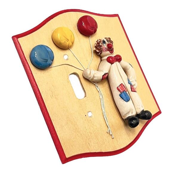 VTG Wood Single LIGHT FLIP SWITCH COVER Ceramic Dough Circus Clown Balloons 6" - Picture 3 of 4